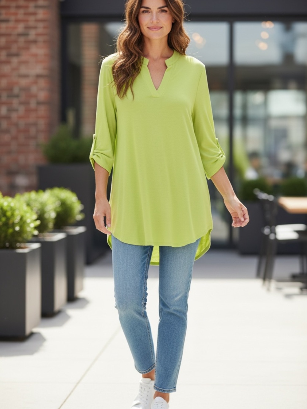 Dear Scarlett Lizzy Lime Green V-Neck Roll-Tab Tunic